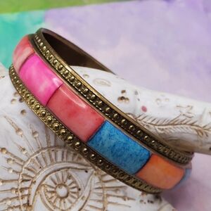 Vintage Brass Bracelet Bangle Coloful India Boho Hippie Vibe
